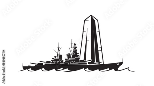 Vintage battleship and modern obelisk illustration isolated