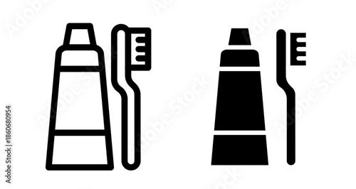Toothbrush and toothpaste Icon collection in filled and stroke style.