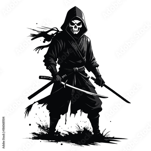 A skeleton samurai in black robes holding two swords