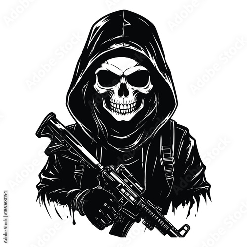Grim reaper wearing hoodie and holding assault rifle