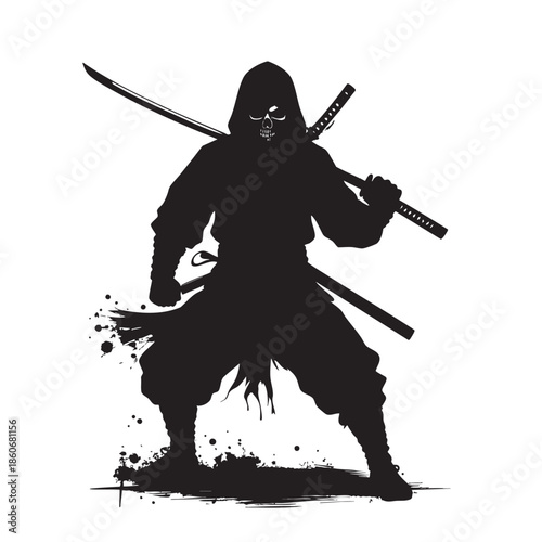 Ninja silhouette standing in fighting stance with swords
