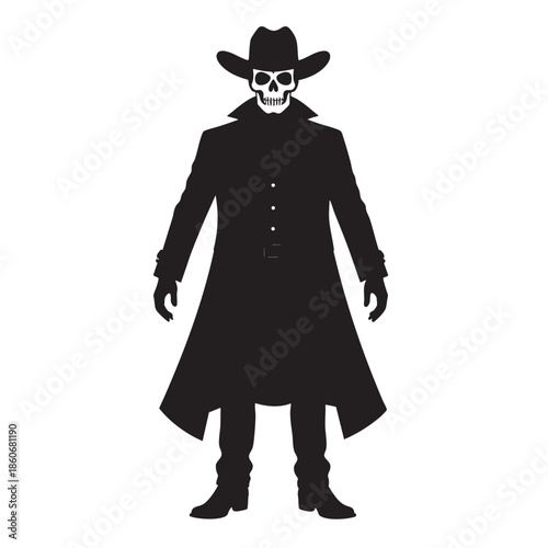 Black silhouette cowboy with skull face standing