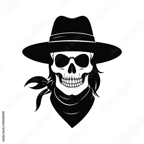 Black and white skull wearing a cowboy hat
