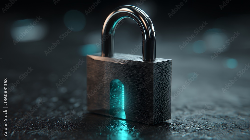 Fototapeta premium Cybersecurity Digital Padlock 3D Rendering: Premium Glowing Cyber Security Lock for Data Protection, Encrypted Access Control and Information Security on Dark Background.