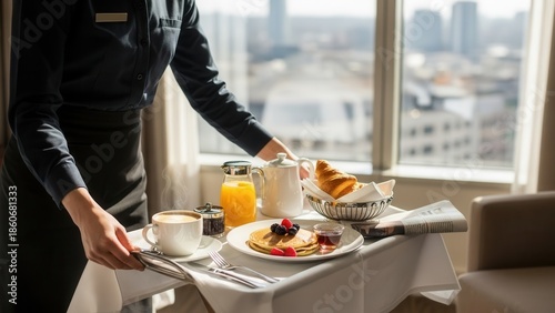 Luxury hotel room service serving delicious pancake breakfast with coffee, orange juice and croissant on tray by window with city view. Morning hospitality and gourmet dining experience.