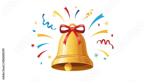 Golden Bell Ringing with Colorful Confetti and Streamers, Isolated Vector Illustration