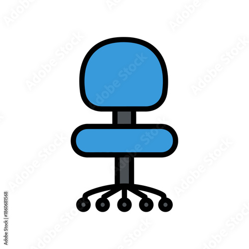 Blue office chair on wheels with modern cartoon style on white background isolated on white background, Vector
