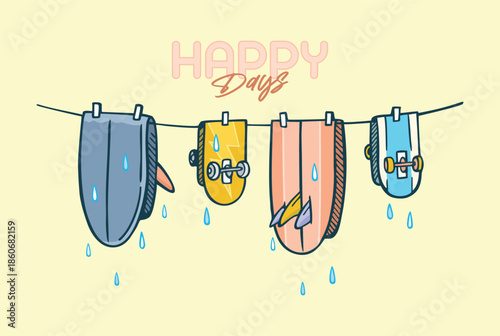 Illustration of surfboards and skateboards drying on a clothesline.