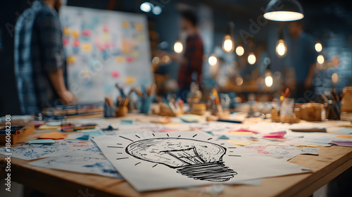 Collaborative brainstorming workshop in a creative space featuring charts, notes, and a light bulb idea symbol on the table