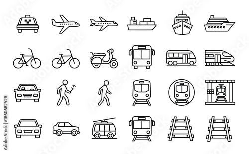 Transportation icon set showing vehicles travel modes public transit ships airplanes trains cars mobility illustration collection