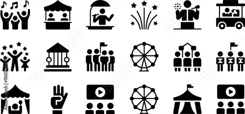 Black and white vector icon set of festival and event activities including concerts, fireworks, and carnival rides for graphic design.