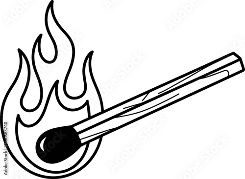 Black and white vector illustration of a burning wooden matchstick with a hot fire flame for ignition graphic design.