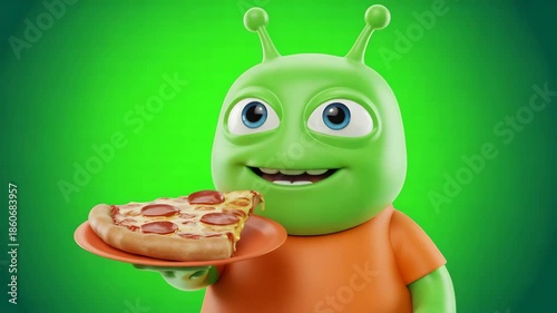 Cartoon Alien Character Holding Pepperoni Pizza Slice on Vibrant Green Background – Fun Extraterrestrial Illustration for Kids Media, Humor, Food, and Whimsical Sci-Fi Concepts Alien Character video
