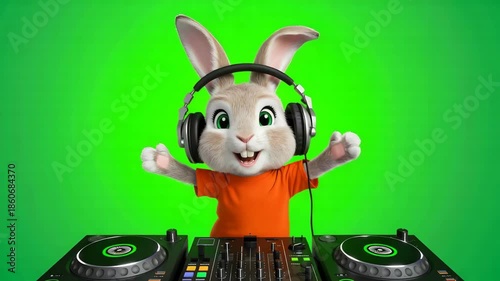 Cartoon Rabbit DJ with Headphones at Mixing Console on Green Background – Fun Animated Character Concept for Music, Entertainment, Party, Kids Media, and Creative DJ Culture Themes video