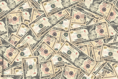 Obraz na plátně Background of scattered ten US dollar bills money texture