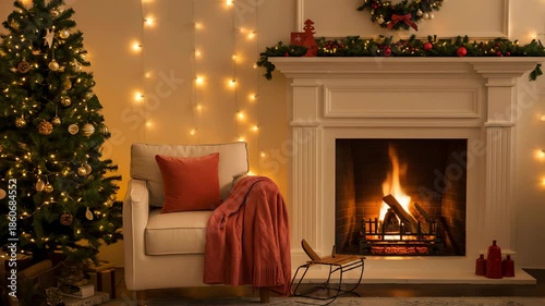 Festive Christmas Living Room with Decorated Tree, Lit Fireplace, and Cozy Armchair – Warm Holiday Interior Scene for Seasonal Celebration, Home Decor, and Winter Inspiration Themes