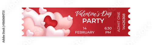 Valentine's day party ticket template. Editable template with hearts. Ticket.