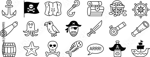 Black and white vector line art icon set of pirate elements like treasure map, ship, and skull for adventure graphic design.