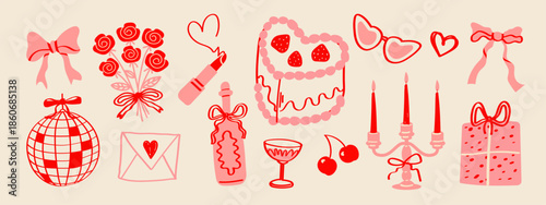 Vintage love elements set. Retro Valentine’s Day doodle illustrations with elegant coquette hearts, bows, cake, disco ball, flowers and cherries. Romantic hand drawn wedding vector collection.