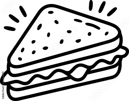 Black and white vector line art illustration of a triangular sandwich with fresh fillings for fast food menu design.