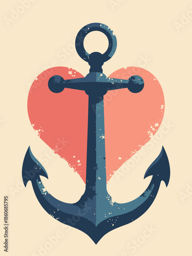A stylized anchor merging with a heart shape. 'Anchored in Love'. Nautical flat vector icon
