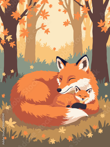 A Mother Fox curled up sleeping with her kits. Autumn leaves background. Flat vector, cozy orange and rust colors