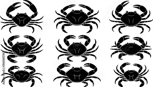 Black and white vector silhouette set of marine crabs featuring large claws for seafood restaurant logos and nautical graphic design.
