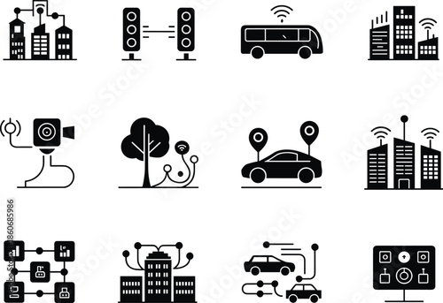 Smart city and technology integration icons speakers smart building