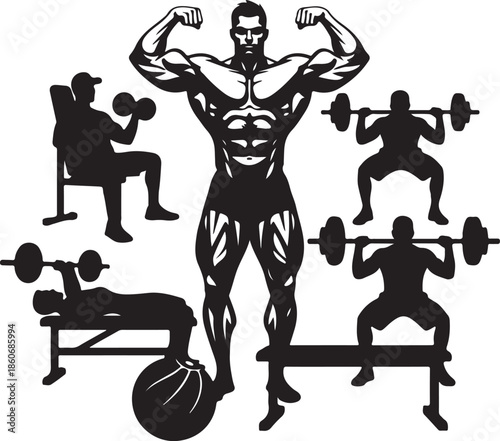 Bodybuilder and gym workout silhouettes set: collection of strength training exercises including squats, bench press, and bicep curls