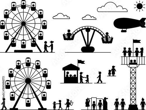 Black and white vector silhouettes of amusement park rides, ferris wheels, and families enjoying a summer day at the carnival fair.