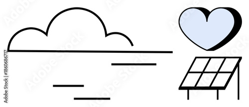 Renewable energy, sustainability, environmental care, eco-consciousness, clean energy, climate protection. Minimalist design of a heart, solar panel and cloud. Renewable energy and sustainability