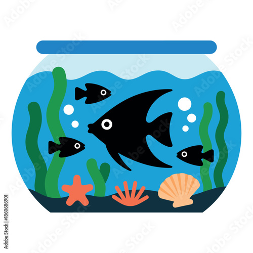 A small aquarium with black fish, seaweed, and shells contains aquatic life.