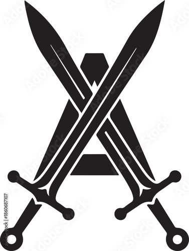 Two crossed swords forming a powerful emblem with the initial letter a in a striking black and white design