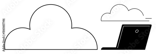 Cloud technology, data storage, internet services, digital communication, web solutions, online access. Abstract cloud and laptop symbol. Cloud technology and data storage concept