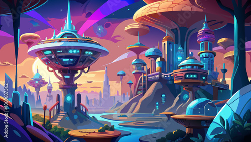 Very beautiful vector illustration of an advanced alien city with organic architecture, glowing structures and floating elements, futuristic sci fi civilization concept.