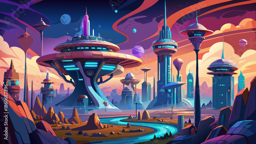 Very beautiful vector illustration of an advanced alien city with organic architecture, glowing structures and floating elements, futuristic sci fi civilization concept.
