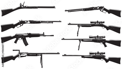 Collection of Military Rifles and Sniper Rifles on Transparent Background