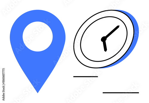 Navigation, scheduling, punctuality, time management, travel, delivery. Blue location pin and clock symbol together. Navigation and scheduling concept through these minimal elements