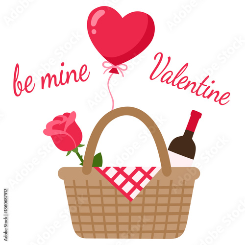 Happy Valentine's Day vector greeting card. A rose, a bottle of wine, a picnic basket, a hart shape balloon. Aesthetics love design for 14 February holiday. Valentine's Day gifts