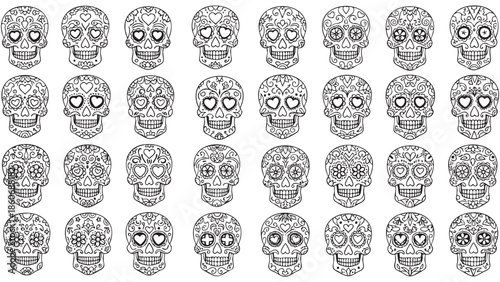 Set of Decorative Sugar Skull Illustrations for Day of the Dead Celebrations