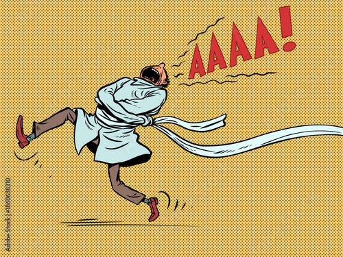 A man in a straitjacket screams. A feeling of panic and horror. Fear of life and its problems.
