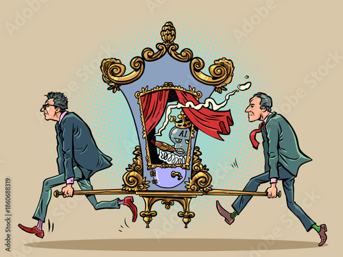 AI king. The robot is carried by people in a carriage. The power and capabilities of artificial intelligence.