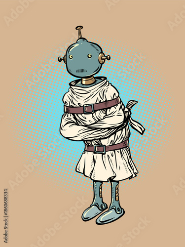 A robot in a straitjacket. Artificial intelligence is going crazy. AI is emotionally unstable.