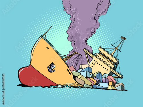 Cargo ship sinking. A broken and destroyed ship. Economic problems of logistics.