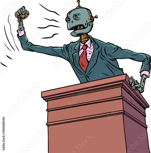 A robot testifies in court. AI responsibility for crimes. Artificial intelligence condemns humans.