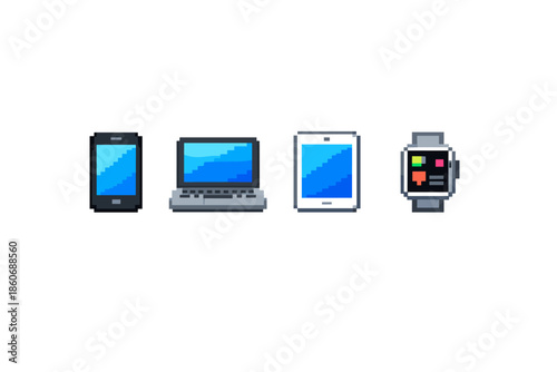 Pixel art icons of modern digital devices including smartphone, laptop, tablet, and smartwatch