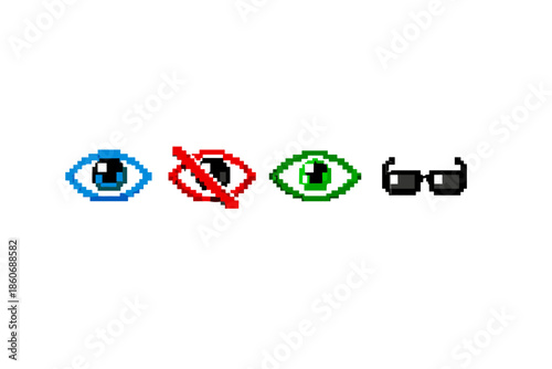 Pixel art icons representing visibility: open eye, hidden eye, visible eye, and sunglasses