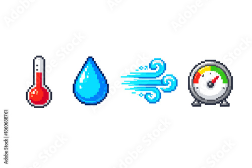 Pixel art icons for weather: thermometer, water drop, wind, and gauge
