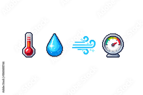 Pixel art icons for weather: thermometer, water drop, wind, and barometer