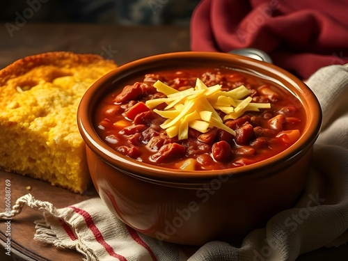 A hearty bowl of chili topped with cheese, next to a golden piece of cornbread.
